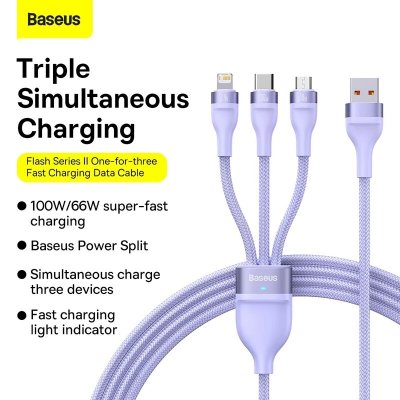 Baseus 3-In-1 USB-C/Micro USB/Apple Port Cable Fast Charging Data Transmission Cord Line 1.2m long For iPhone 13 Pro Max For Samsung Galaxy S22 For Xiaomi 12