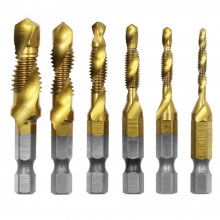 6Pcs 1/4 Inch M3-M10 Screw Tap HSS Combination Drill Tap Bit Set Hex Shank Deburr Countersink Bits COD