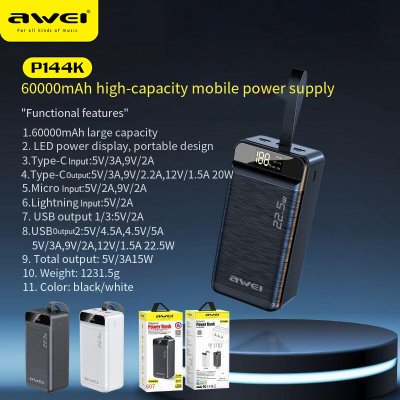 Awei P144K 22.5W 60000mAh LED Digial Display Power Bank External Battery Power Supply with 3 Input & 3 Outputs Fast Charging for iPhone 15 14 13 for Huawei Mate60 for Xiaomi 14pro for Oppo Find X7