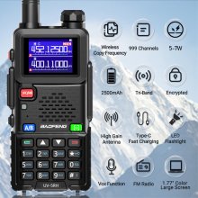 Baofeng UV-5RH 5W Tri-band EU Walkie Talkie 1.77inch Screen Large Range 2500mAh Type-C Rechargeable Handheld Two-way Radio with LED Flashlight FM Radio C